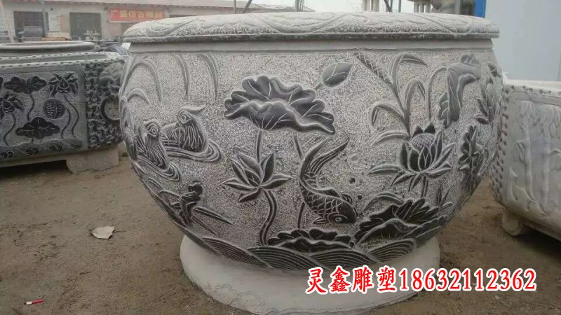 仿古荷花鲤鱼石浮雕水缸