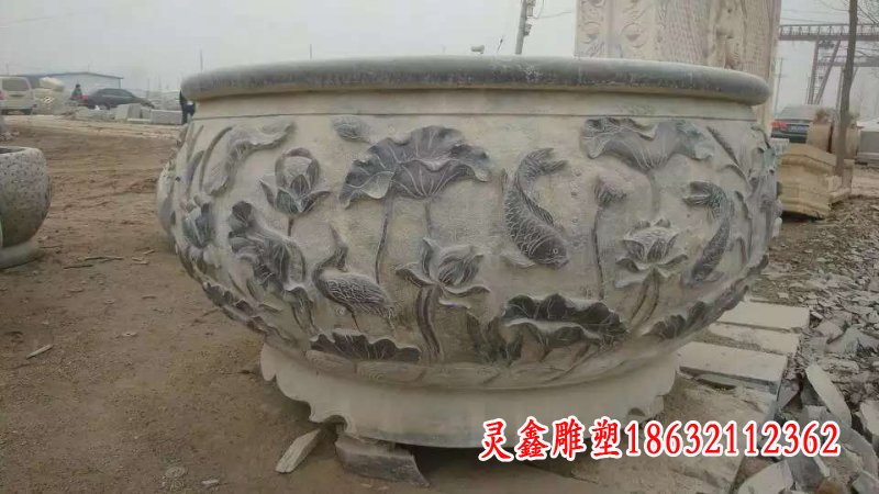仿古荷花鲤鱼石浮雕水缸