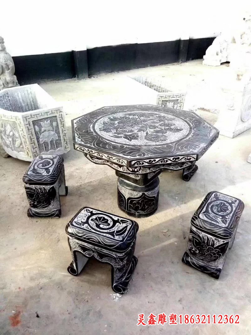 仿古八边石桌凳雕塑