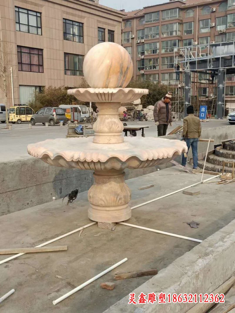 晚霞红风水球喷泉石雕