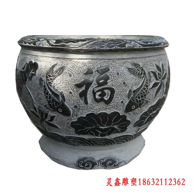 福字浮雕圆形水缸石雕