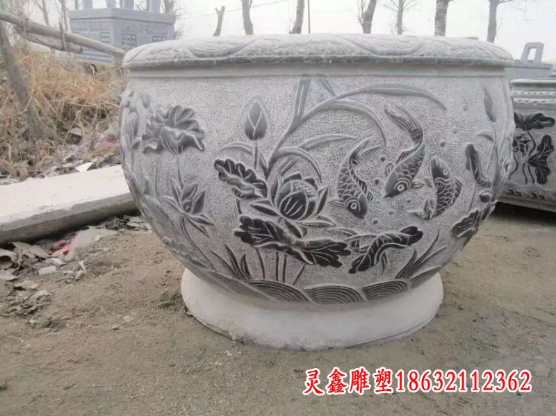 仿古荷花鲤鱼石雕水缸