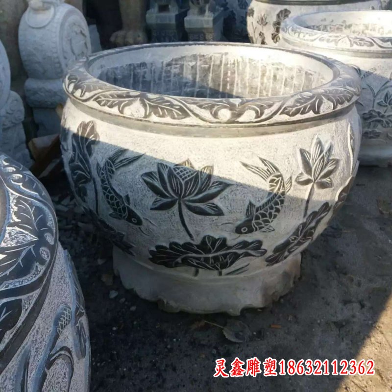 仿古鲤鱼荷花石浮雕水缸