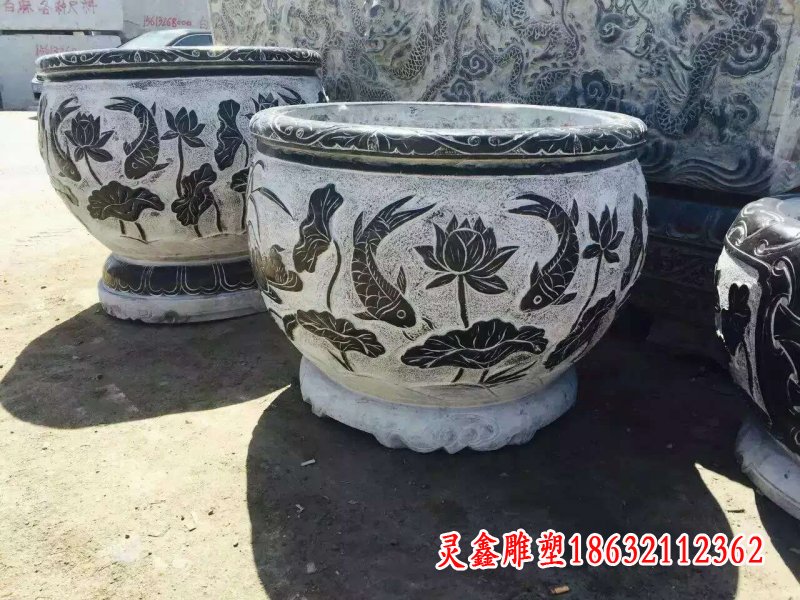 仿古鲤鱼荷花石浮雕水缸