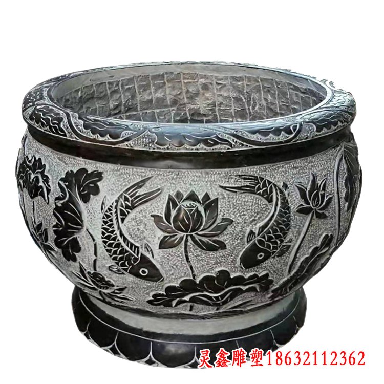 仿古荷花鲤鱼石浮雕水缸雕塑