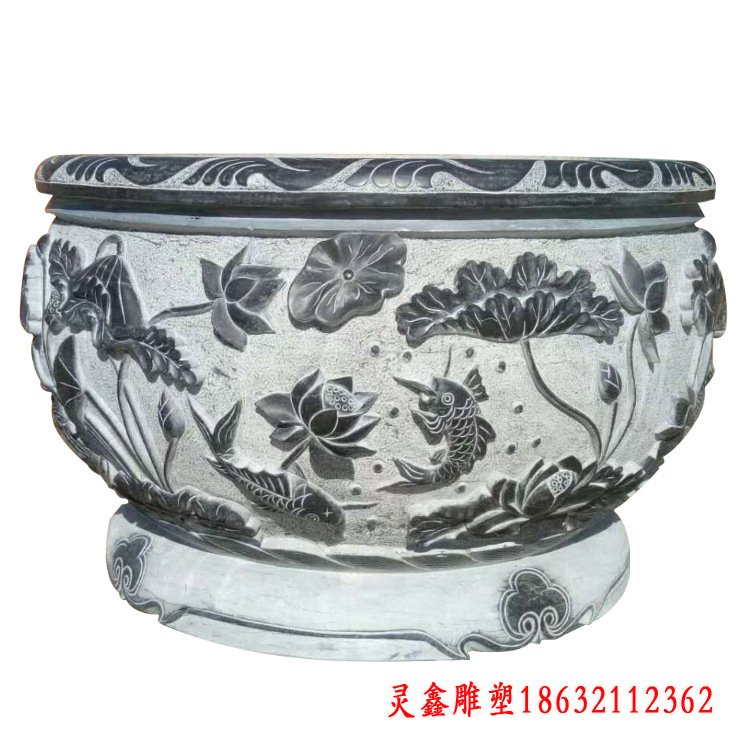 庭院荷花鲤鱼石浮雕水缸雕塑