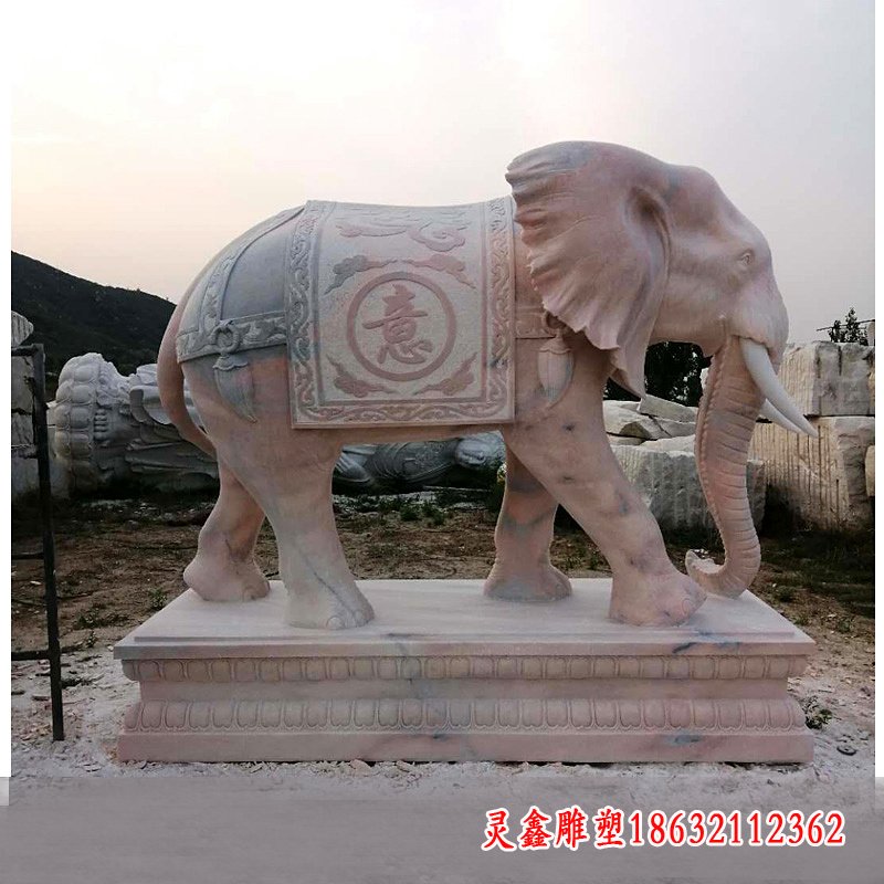 晚霞红吉祥大象石雕 (1)
