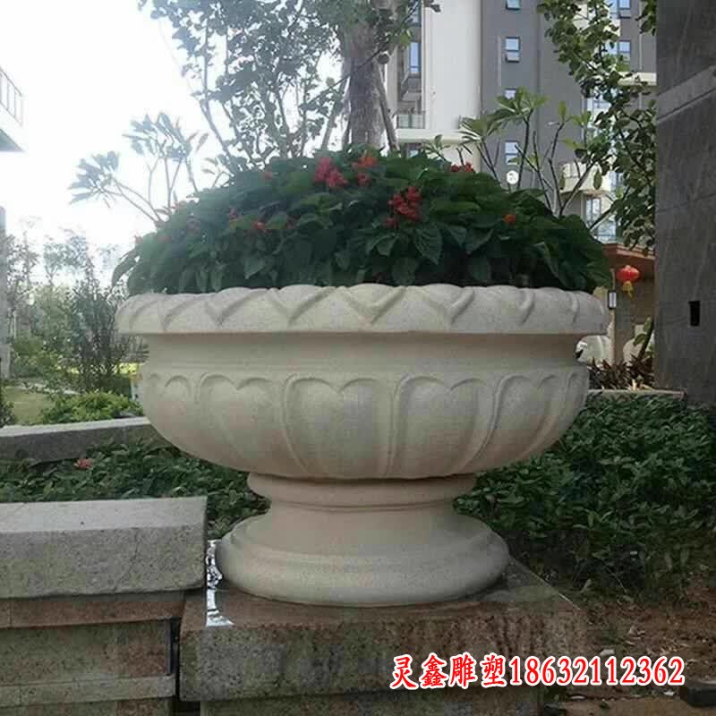 汉白玉花盆雕塑