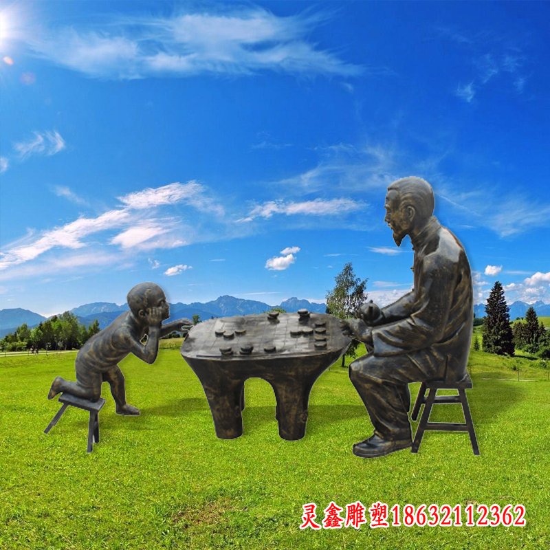 下棋民俗小品人物铜雕
