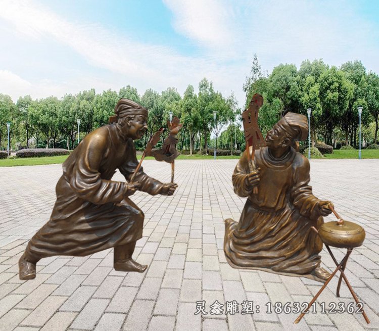 皮影戏雕塑，街头古代人物铜雕