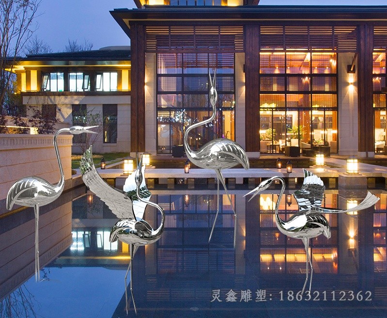 镜面仙鹤别墅不锈钢雕塑
