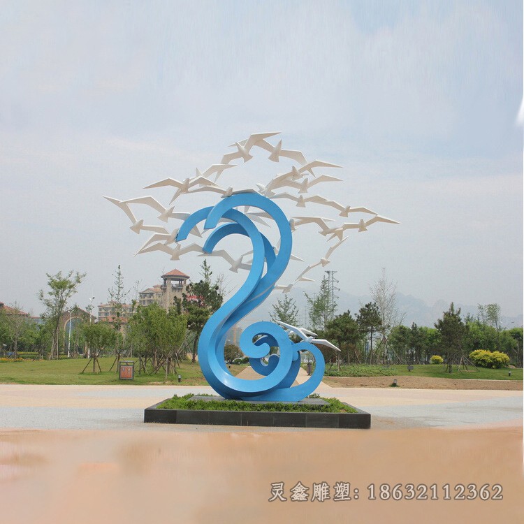 不锈钢抽象海浪和大雁雕塑