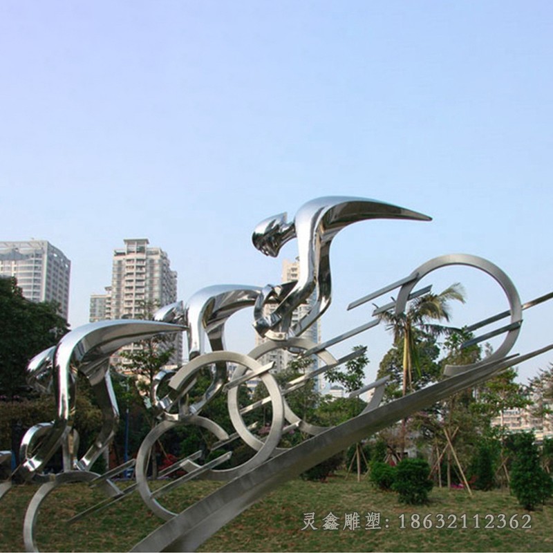 不锈钢抽象骑单车公园雕塑