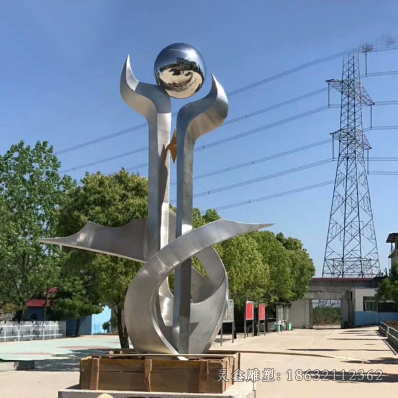 不锈钢镜面手托球企业景观雕塑 