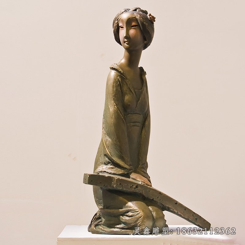 弹古筝的女人铜雕，古代人物雕塑[1]