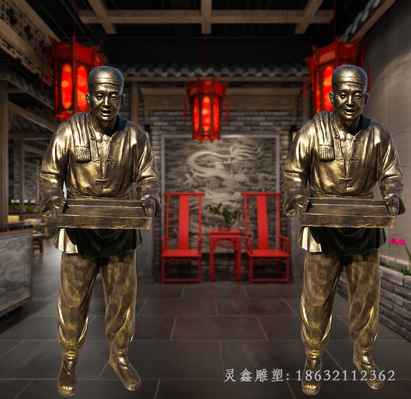 饭店门口店小二铜雕
