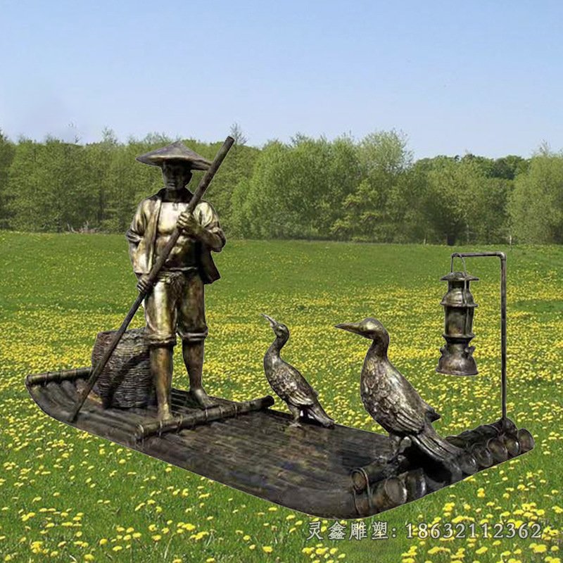 划船渔夫和鸬鹚铜雕