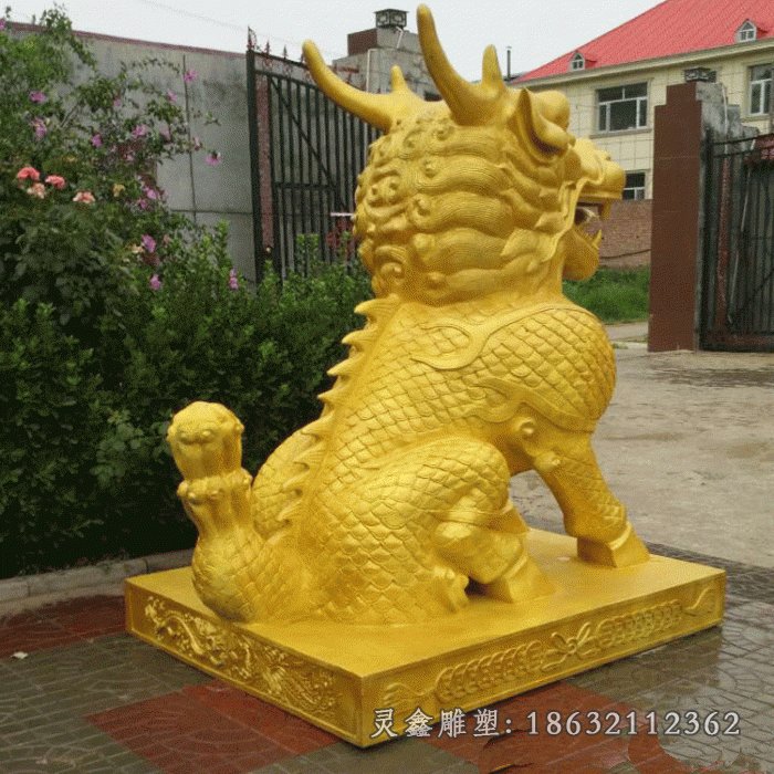 金色麒麟雕塑，神兽铜雕 (2)