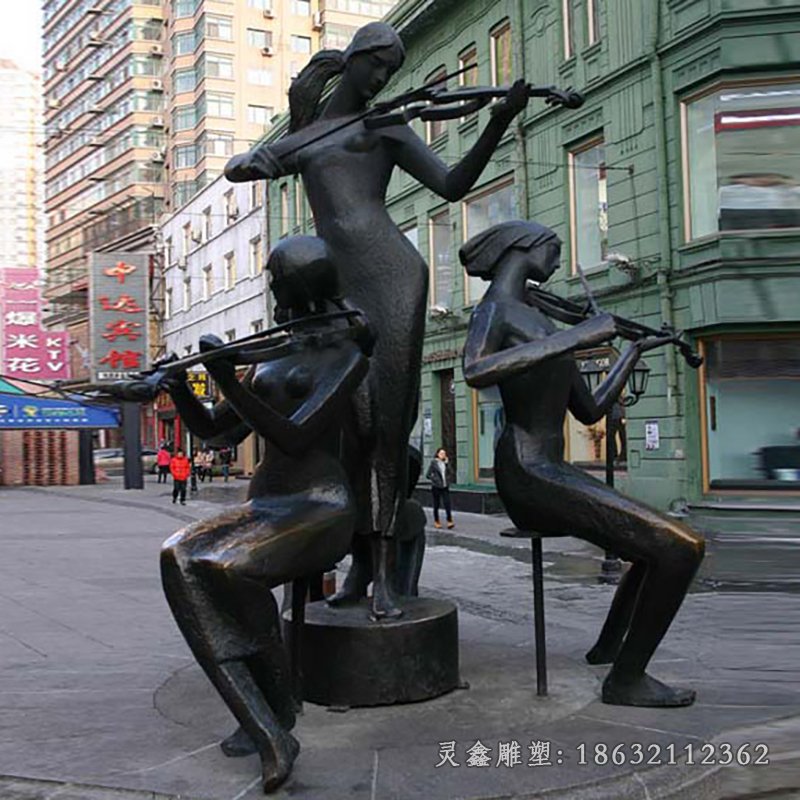拉小提琴雕塑，街头景观铜雕