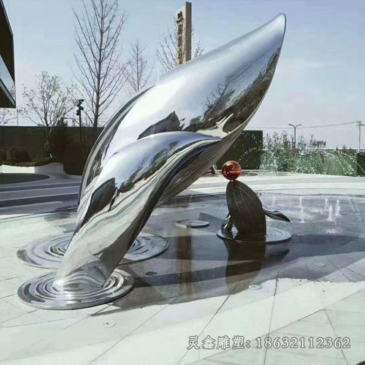 镜面不锈钢抽象跳跃海豚雕塑