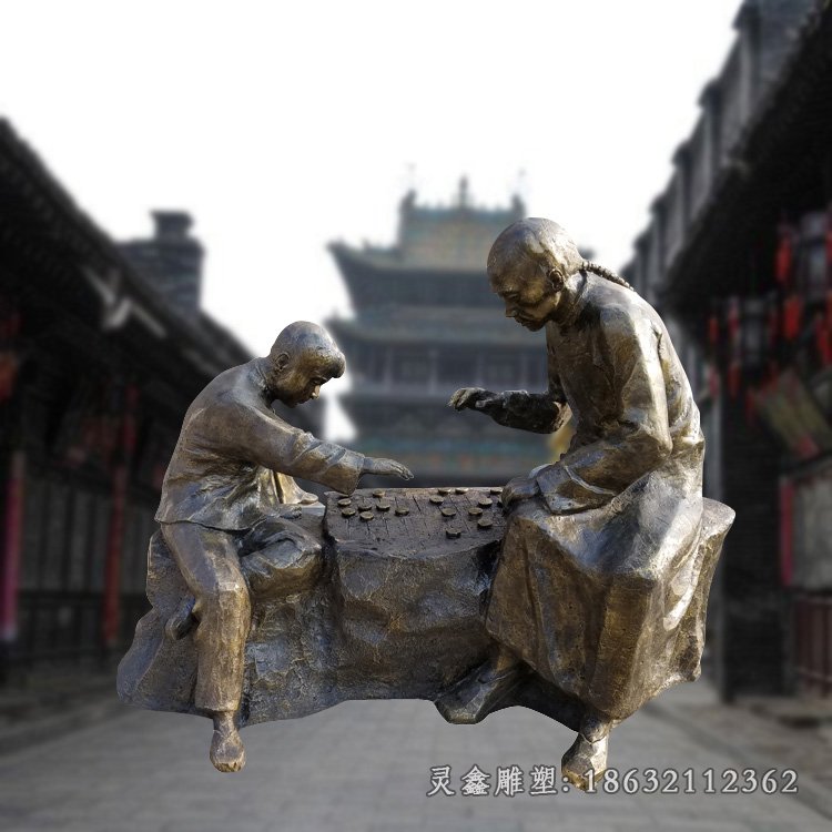 下棋雕塑，玻璃钢仿铜场景雕塑 (3)