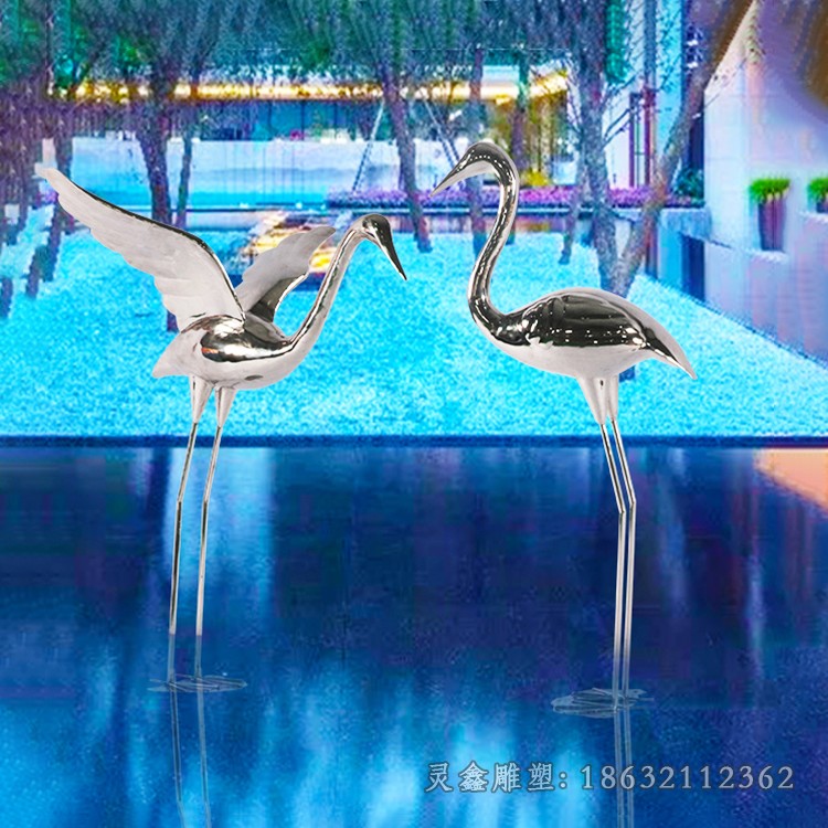镜面不锈钢仙鹤庭院雕塑