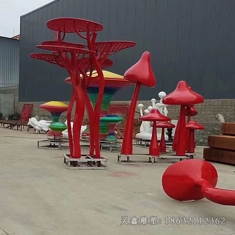 景区不锈钢镂空蘑菇树雕塑