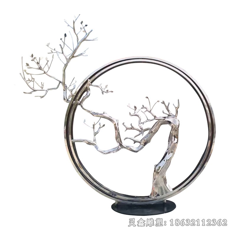 镜面不锈钢抽象树枝圆环雕塑
