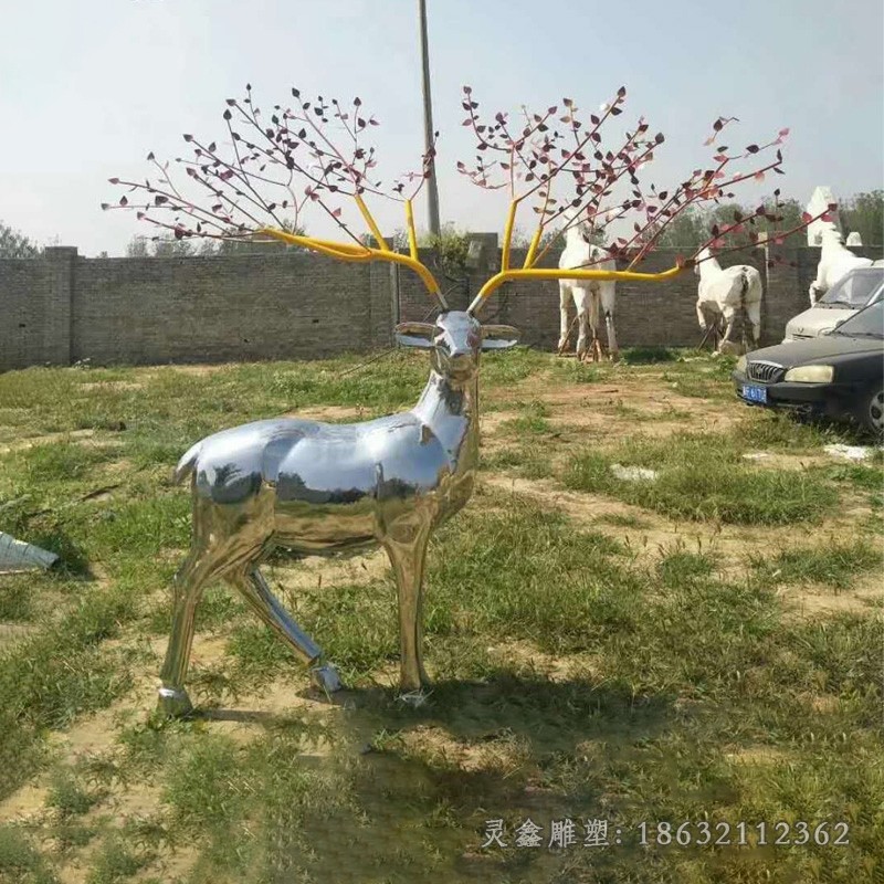 不锈钢抽象镜面鹿公园雕塑