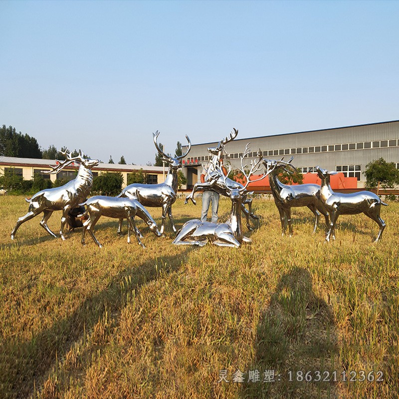 园林镜面不锈钢抽象群鹿雕塑