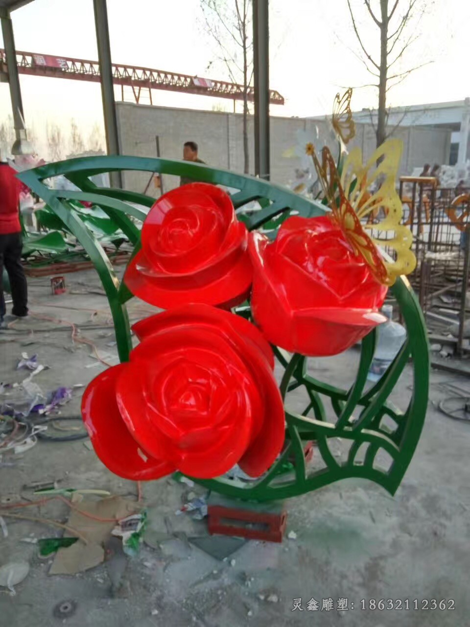 不锈钢彩绘花园林景观雕塑不锈钢玫瑰花雕塑，公园景观雕塑