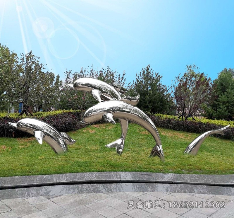 不锈钢镜面抽象海豚公园雕塑