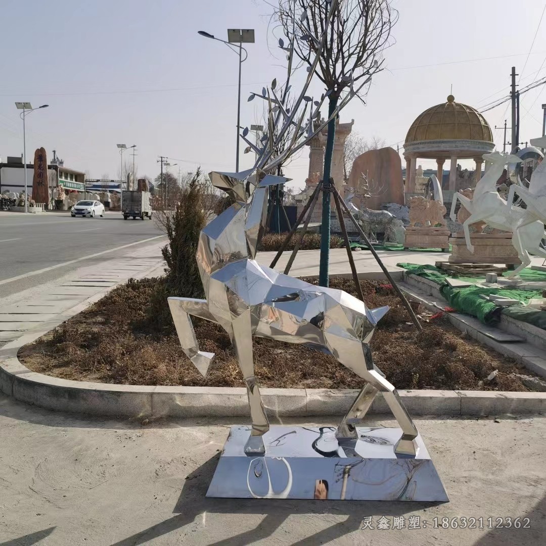 不锈钢几何小鹿城市动物雕塑