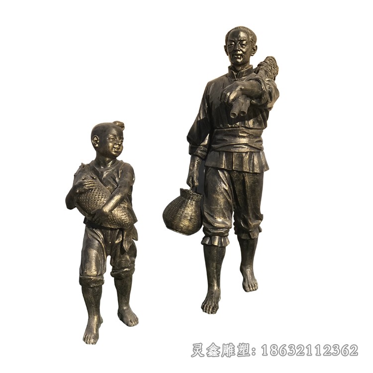 渔文化捕鱼归来父子铜雕
