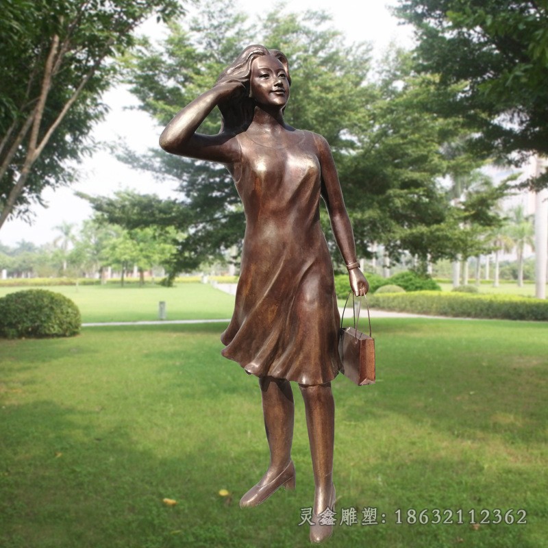 逛街美女人物景观铜雕