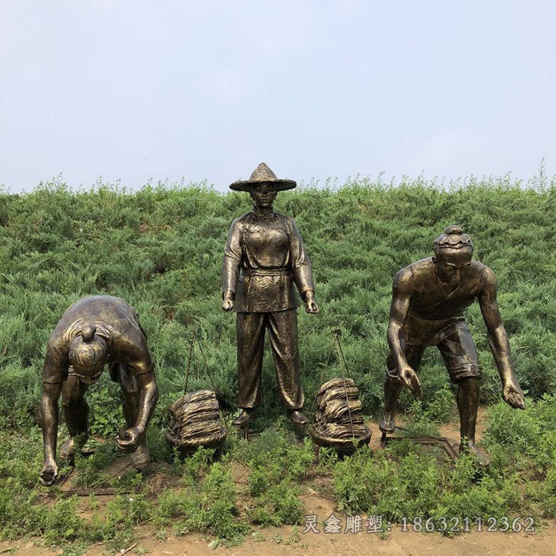 农耕插秧人物小品铜雕