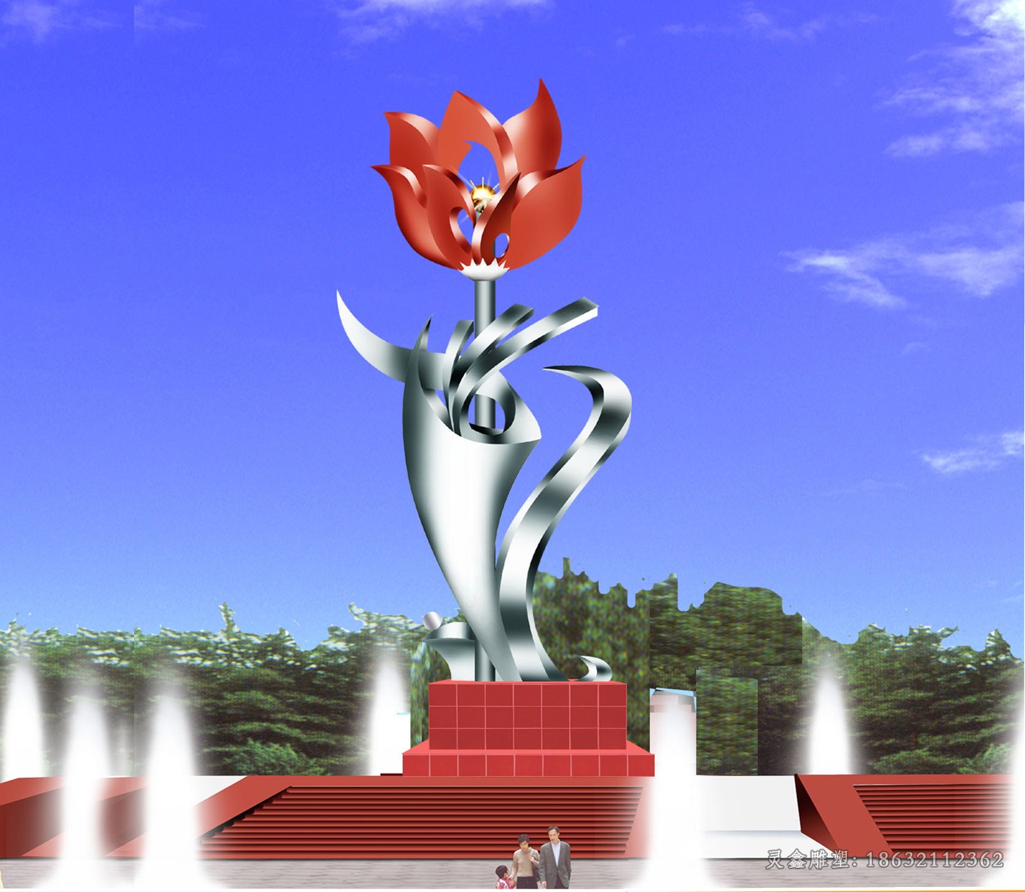 不锈钢红色花朵庭院雕塑