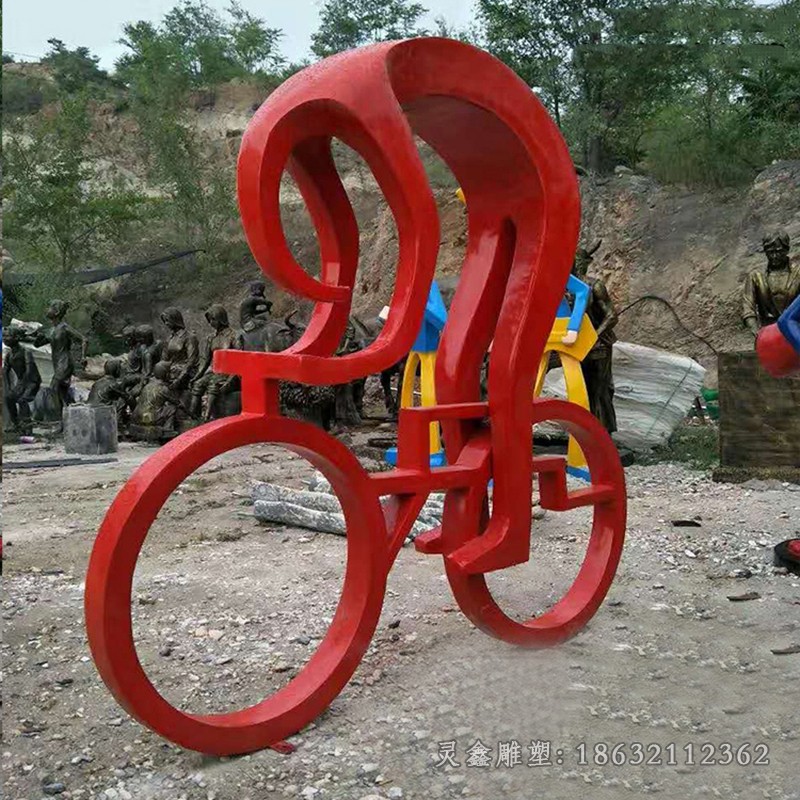 不锈钢抽象红色自行车雕塑