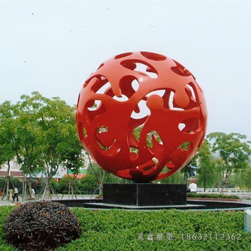 不锈钢红色镂空球广场雕塑