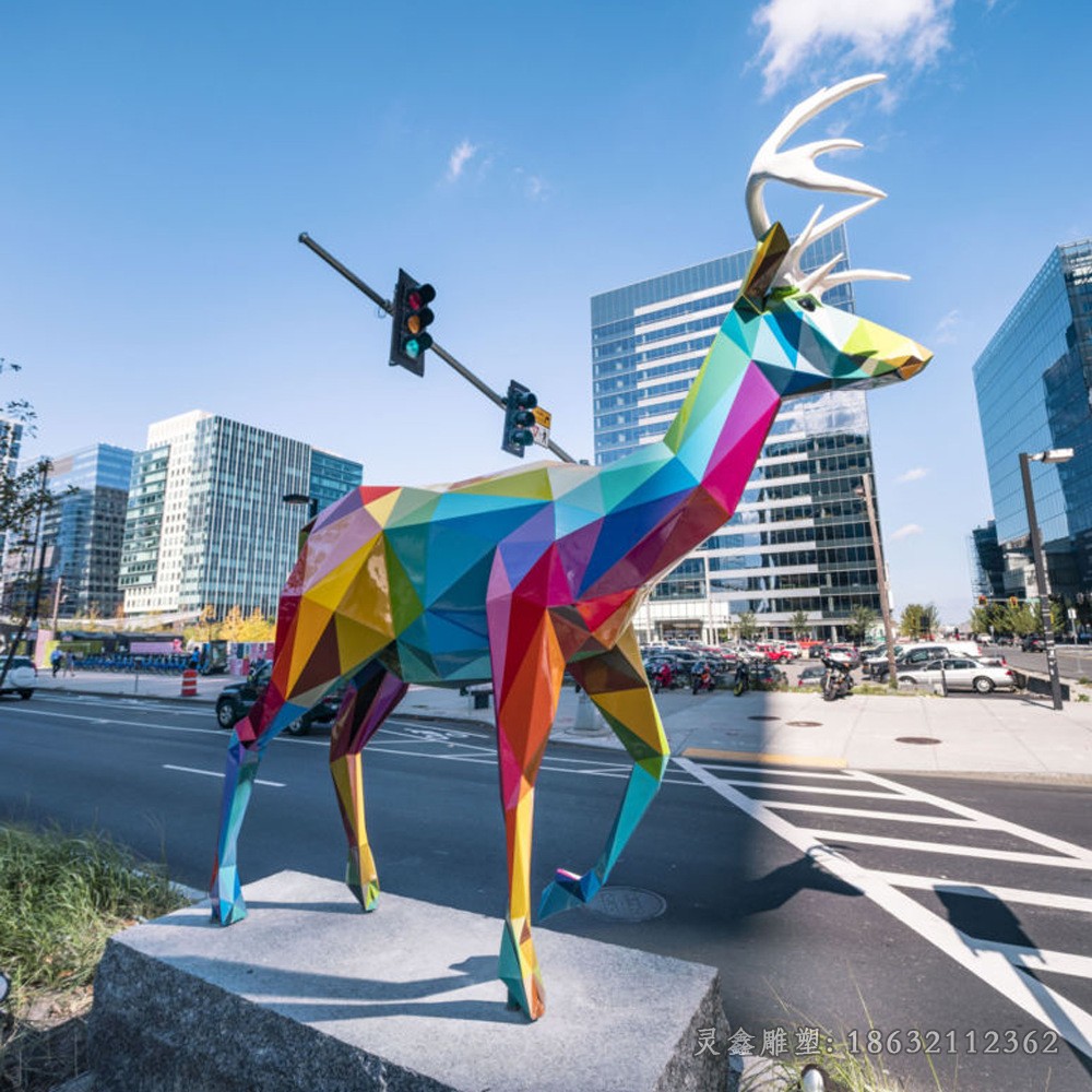 不锈钢几何彩绘鹿公园雕塑