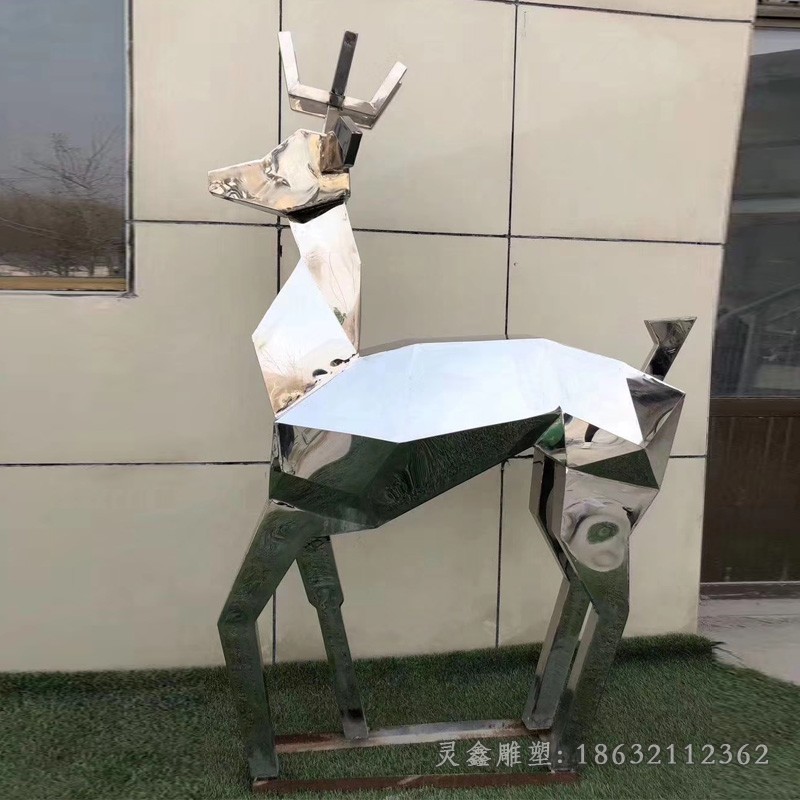 不锈钢几何抬头鹿街边雕塑