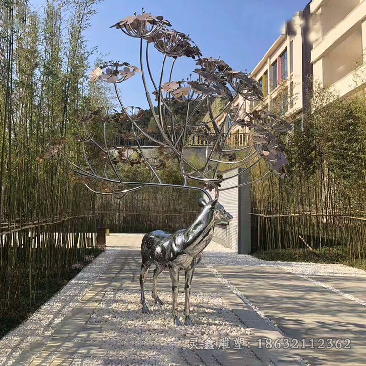 不锈钢镜面叉角鹿景观雕塑
