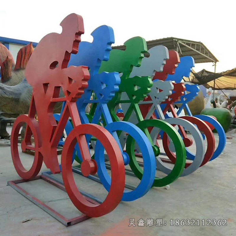 不锈钢彩绘自行车人物雕塑