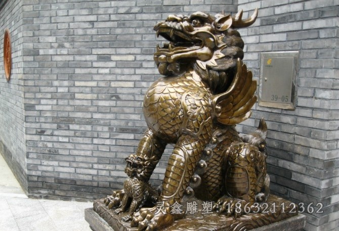 坐姿麒麟小区景观铜雕