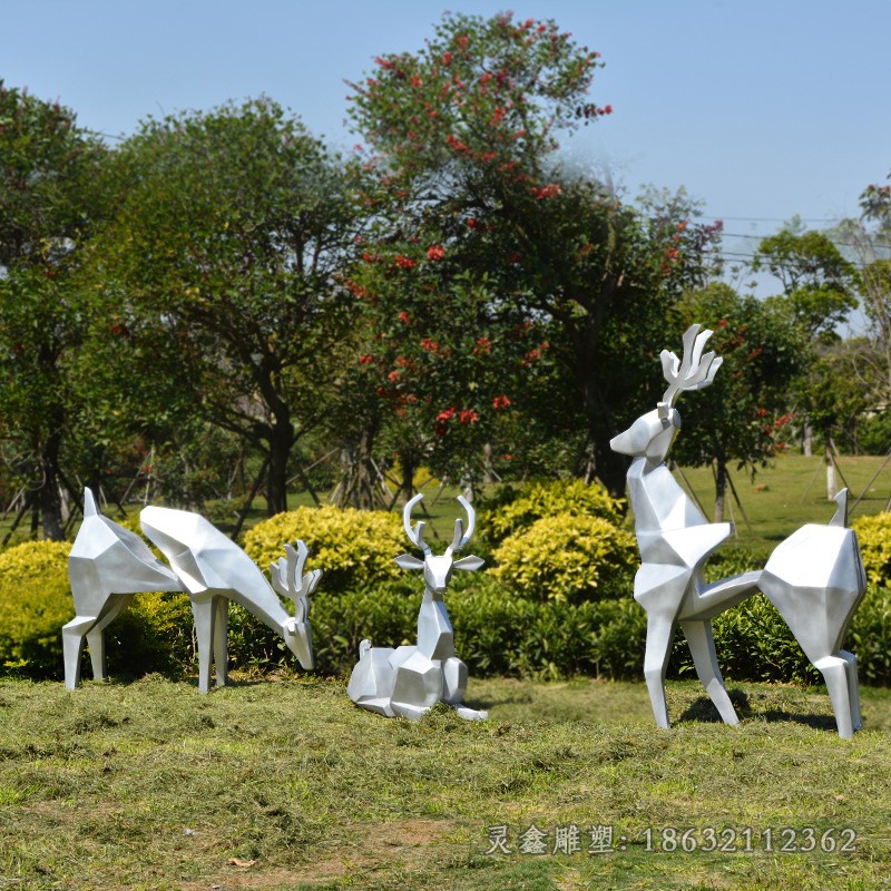 不锈钢几何小鹿园林雕塑