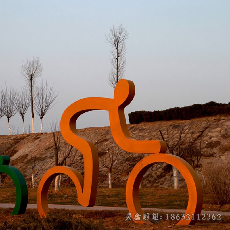 不锈钢橙色自行车景观雕塑