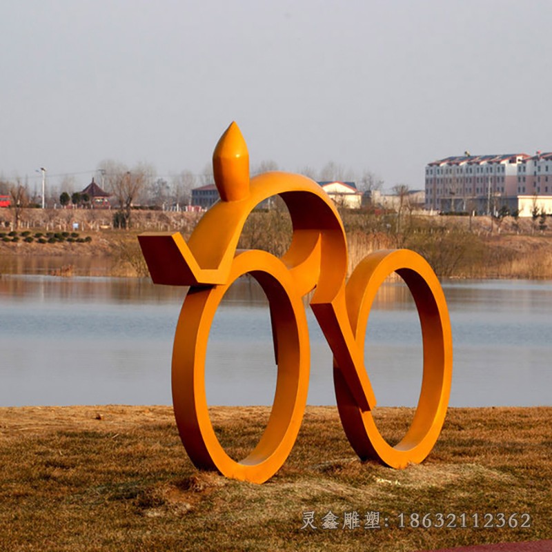 不锈钢橙色自行车景观雕塑