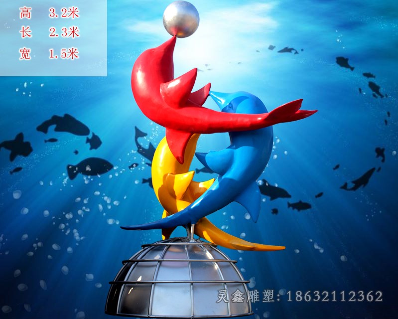 不锈钢彩绘海豚校园雕塑