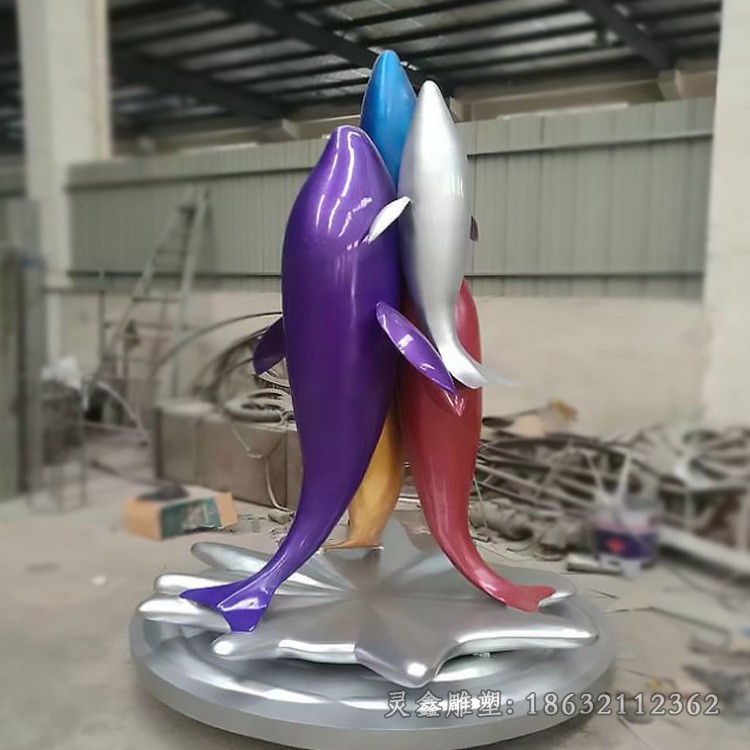 不锈钢彩绘海豚街边雕塑