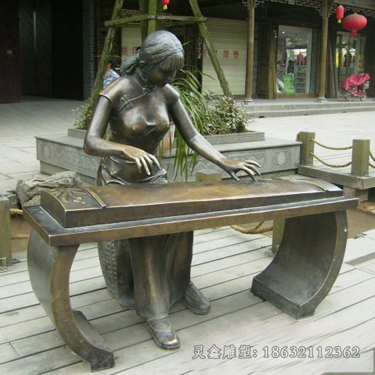 弹古筝抽象人物景观铜雕